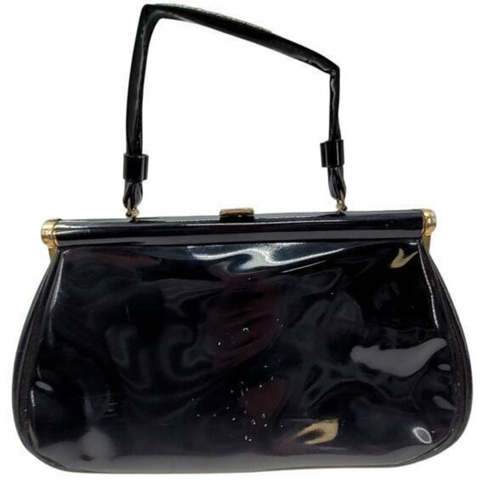 Vintage 50s Patent Leather Vinyl Top Handle Clasp Frame‎ Satchel Handbag Purse